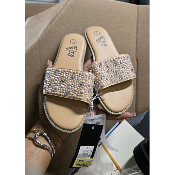 Art Class Heather Girl's Embellished Rhinestone Slide Classy Sandals Tan - Picture 4 of 4